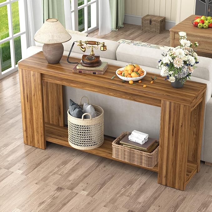 Extra Long Console Table with Storage, Farmhouse Wood Entryway Table with Thickened Base, Narrow Entryway Accent Table for Living Room, Hallway, Entrance, Walnut