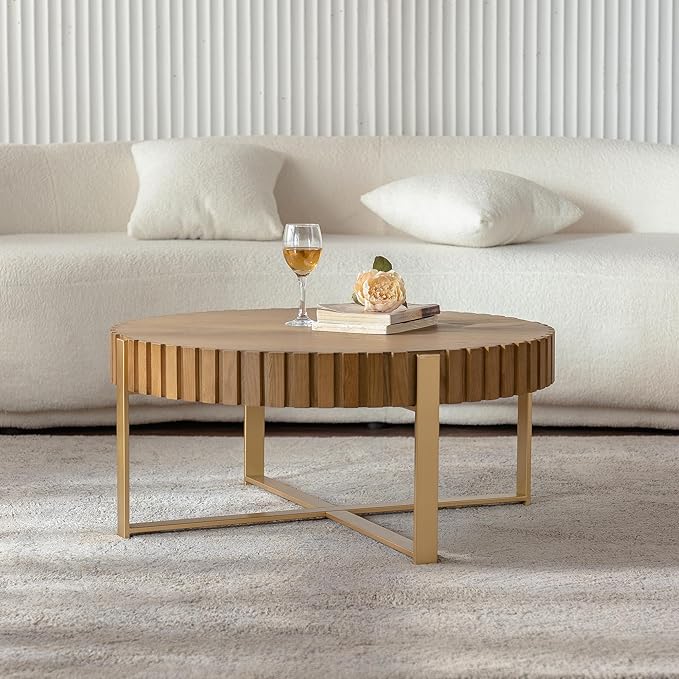 Round Coffee Table with Thick Tabletop, 30.71" Fluted Circle Accent End Table with Metal Legs, Morden Coffee Tables, Wooden Center Table for Living Room, Side Table Home Furniture - Natural