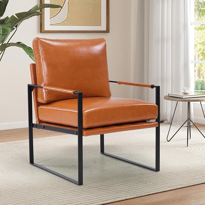 INZOY Mid Century Modern Accent Chair with Removable Cushions, Comfy PU Leather Living Room Chairs with Thicker Backrest and Cushion, Metal Frame Design, Brown