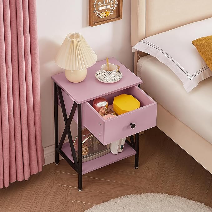 VECELO Nightstands Set of 2, Modern Bedside End Tables, Night Stands with Drawer and Storage Shelf for Living Room Bedroom, Industrial Metal Frame