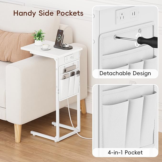 Vagusicc C Shaped End Table with Charging Station, Small Side Table for Couch, Couch Side Tables C Table, Slide Under Sofa Recliner Table TV Tray Arm Tables for Living Room, Bedroom, Bedside, White