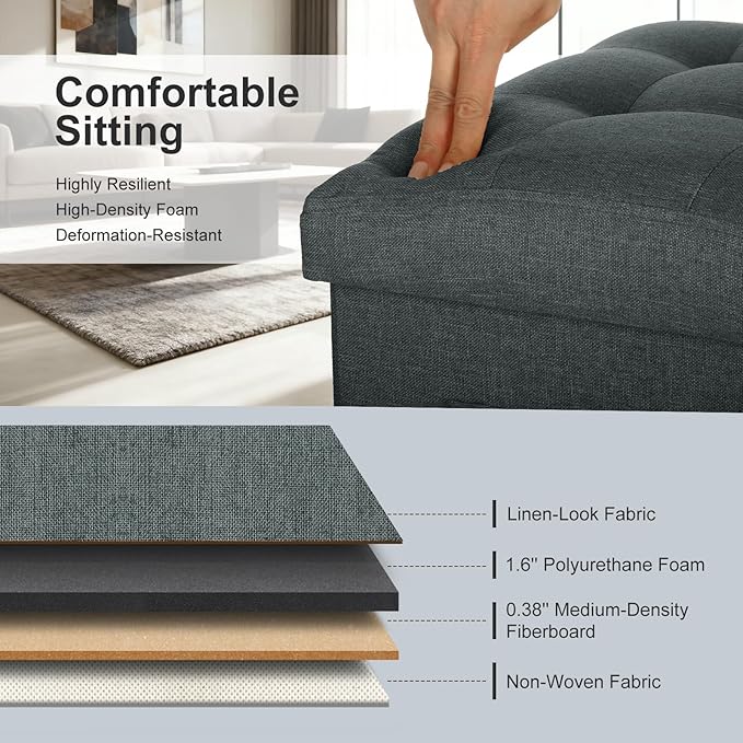 Small Ottoman with Storage, 61L Slim Tall Foldable Ottoman Foot Rest Stool with Thicker Foam Padded Seat. Linen Storage Bench for Bedroom Living Room, 300lbs Weight Support, 17x13x13IN, Gray Black