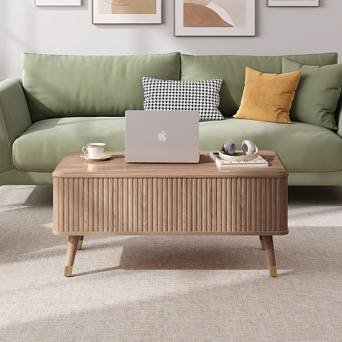 Lift Top Coffee Table with Storage Shelf & Hidden Compartment, Mid Century Modern Fluted Rectangle Dining Table for Living Room, Home Office, Natural Oak