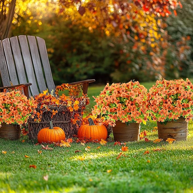 12 Bundles Artificial Fall Flowers Faux Mums for Outdoor Decoration Fake Fall Plants Flowers UV Resistant for Front Door Porch Patio Balcony Autumn Decor