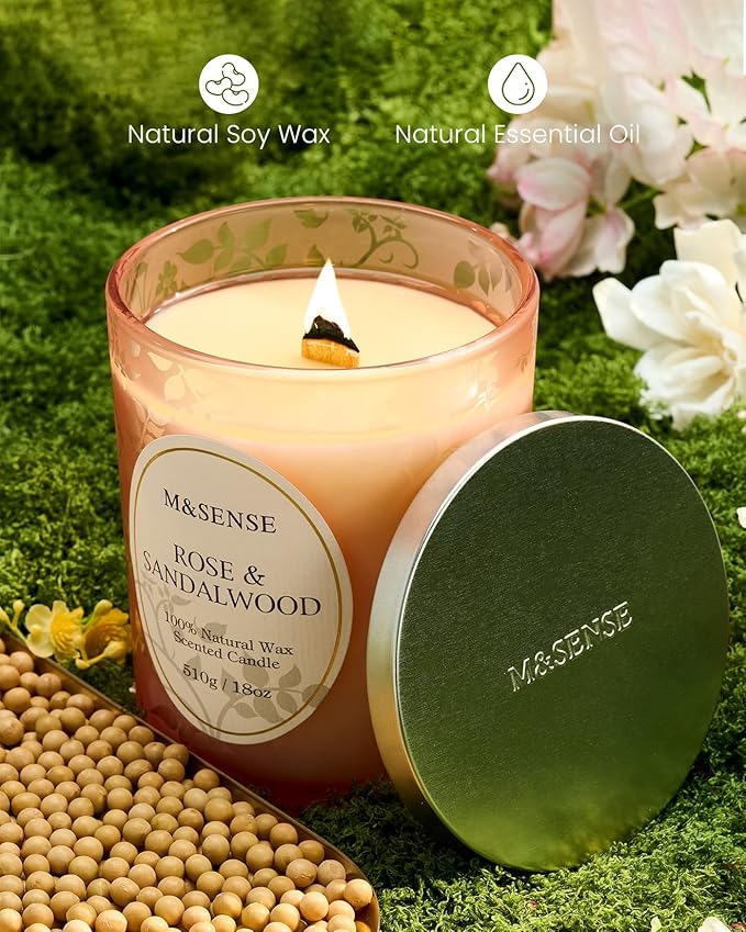 M&SENSE Rose Sandalwood Scented Candle, Cracking Wooden Wick Soy Wax, 18oz 100 Hours Long Lasting Clean Burn, Large Jar Candles for Home Decor, Non-Toxic Relaxing Aromatherapy Gifts for Women