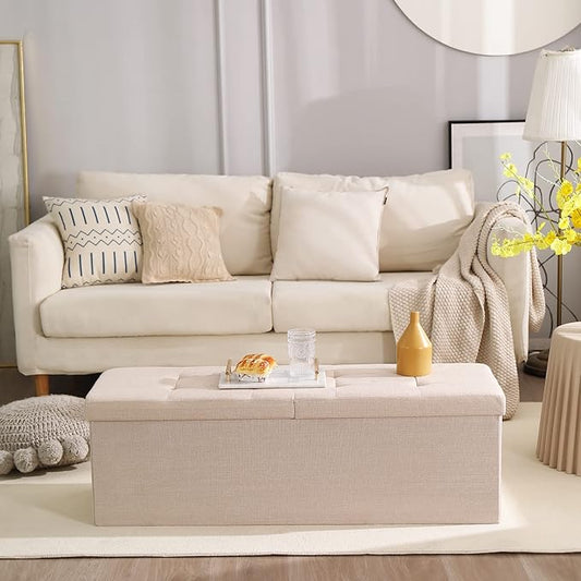 CUYOCA Shoe Storage Ottoman Foldable Seat Footrest Tufted Bench End of Bed Storage with Flipping Lid, 166L Storage Upholstered , Linen Fabric Beige, 45.3 Inches