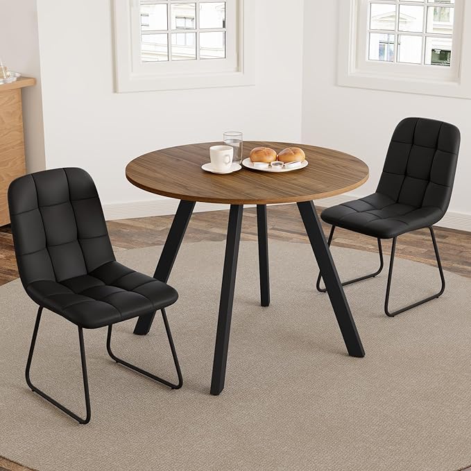 34.6'' Dining Table and Chairs for 2, Mid Century Modern Round Table Set, Space Saving for Apartment Kitchen Dining Room (Walnut Table+2 U-Shaped Black Chairs)