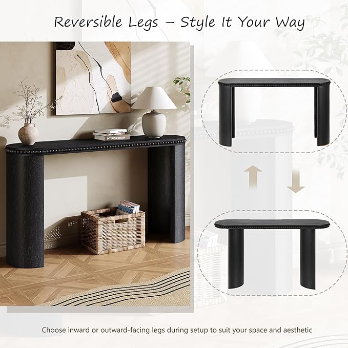 kevinplus 59.8'' Console Table Sofa Table for Entryway, Modern Elegant Design & Reversible Curved Column Leg, Easy Assemble, Black