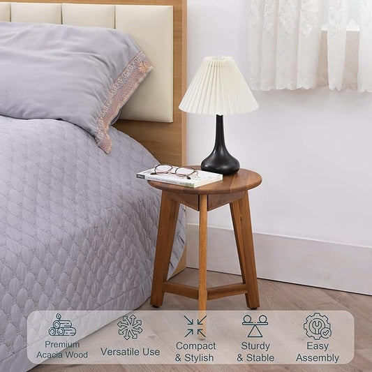 Round Side Table – Solid Acacia Wood End Table for Living Room or Bedroom – Natural Wood Finish, Compact Nightstand or Accent Table for Sofas & Beds (13x16x13 Inches)