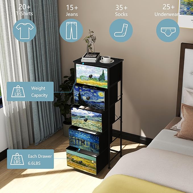 Dresser with 5 Drawers Narrow Tall Nightstand Van Gogh Dresser for Bedroom Fabric Drawer Organizer Unit for Living Room Entryway Hallway Closet Sturdy Steel Frame Wooden Top