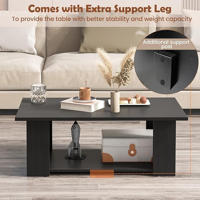 Giantex Rectangle Wood Center Table, 41" L 2-Tier Large Modern Tea Table w/Open Compartment, Easy Assembly, Accent Coffee Table for Living Room, Reception Room, Black