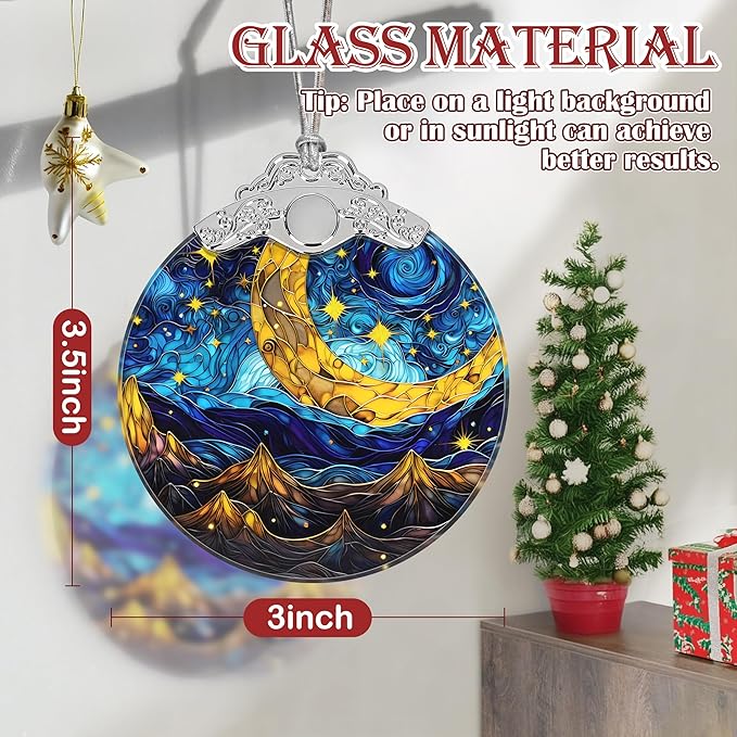 Retro Moon Star Stained Glass Hanging Ornament - Christmas Tree Decoration, Holiday Ornament, Gift Idea