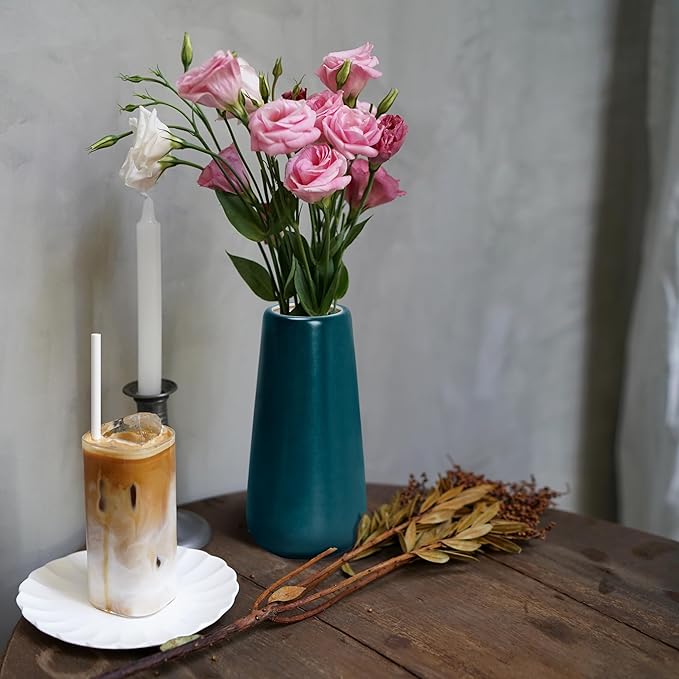 D'vine Dev 8 Inch Ceramic Flower Vase Matte Finishing, Minimalist Design for Home Décor, Bedroom, Living Room, Centerpieces, Office, Emerald Green, VS-XH-F-1