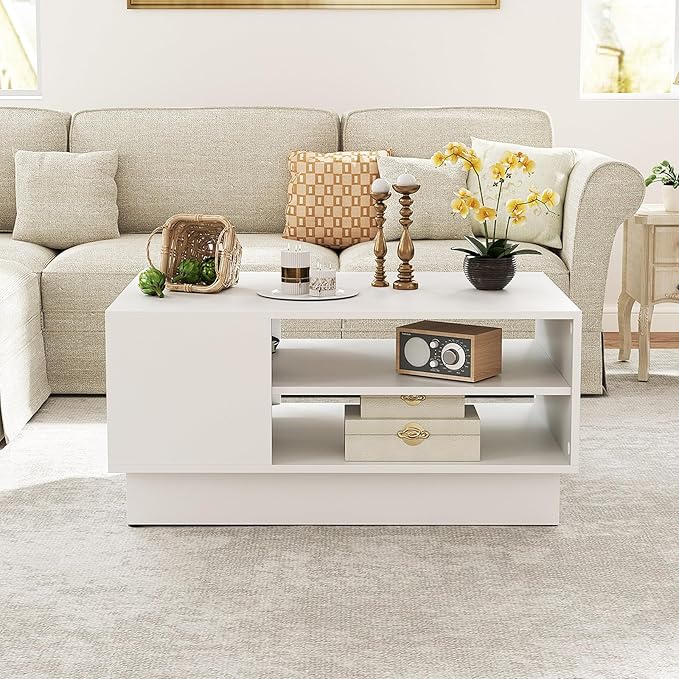 Giantex Coffee Table with Storage, 2-Tier Rectangle Accent Sofa Table with Shelf & Elevated Base, Modern Geometric Center Table for Living Room, Reception Room, Lounge, White