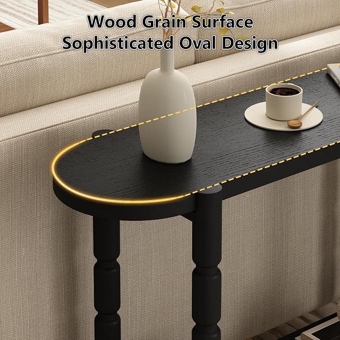 Farmhouse Entryway Table with Storage-43.4" Narrow Console Table with Solid Wood Legs, 2 Tiers Rounded Corners Sofa Tables for Living Room，Hallway, Entrance, Foyer, Black