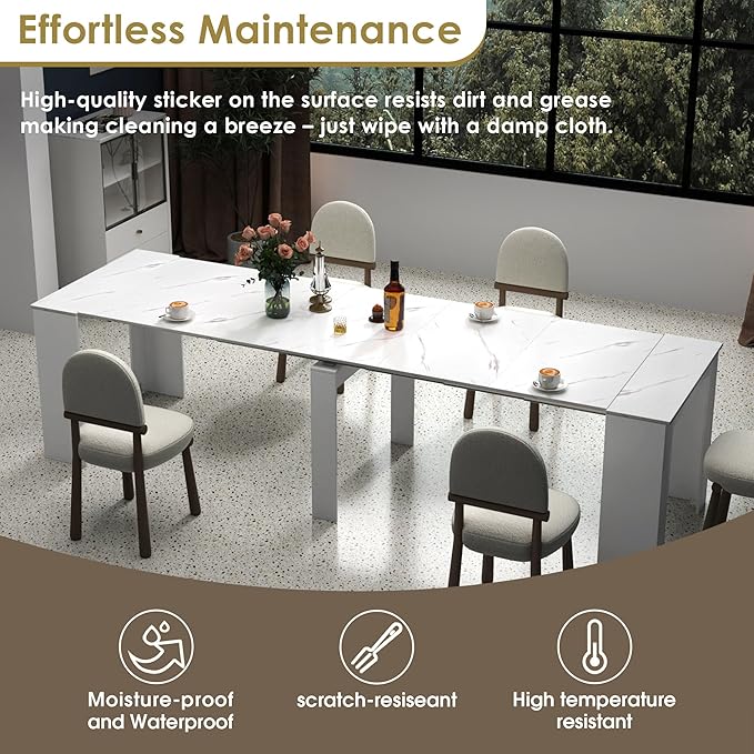 DMAITH 20"-118" White Marble Extendable Dining Table for 2-12 People, Modern Modular Extension Table, Space-Saving Extra Long Folding Dining Table, Multifunctional Conference Meeting Table