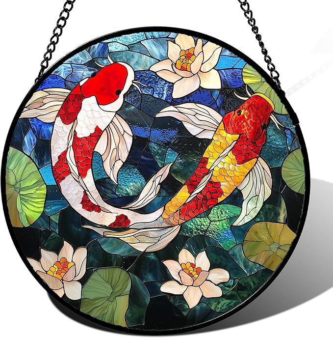 Stained Glass Window Hanging, Koi and Lotus Sun Catcher for Door Home Decor Fish Suncatcher Christmas Mother's Day Birthday Gifts for Women Men Mom and Nana 9.8 in