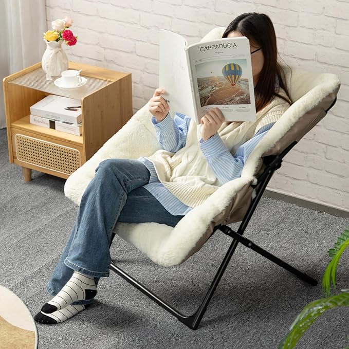 HollyHOME X-Large Saucer Chair, Comfy Oversized Folding Chair, Faux-Fur Reading Chair for Teens, Adults, Foldable Accent Lazy Chair, Metal Frame Lounge Chair for Living Room, Bedroom, Dorm, Beige