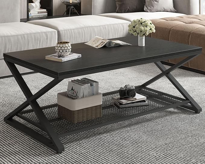 LVB Black Coffee Table, Wood Metal 2 Tier Center Tables with Storage Shelf, Modern Rectangular Concrete Tea Table for Living Room, Wooden Middle Cocktail Table for Office Bedroom, 47 inch, Black Oak