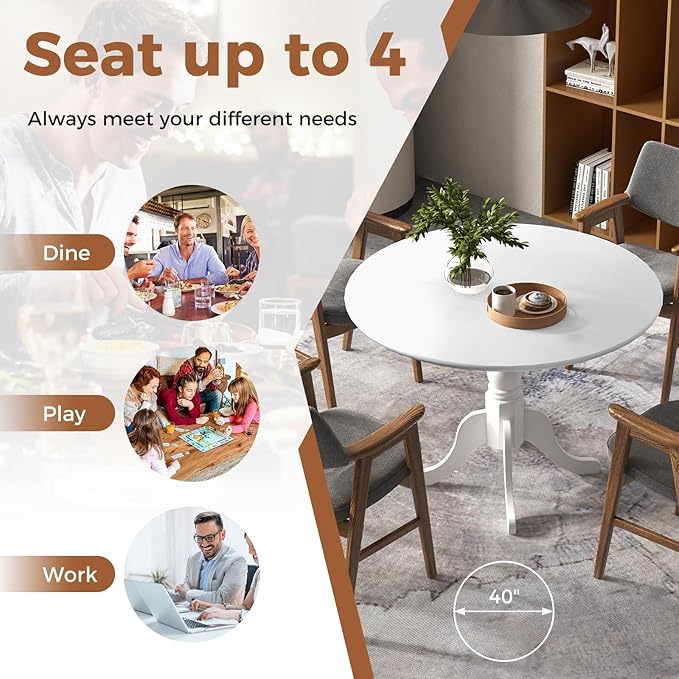 Giantex Round Dining Table, 39" D X 29" H, Rubber Wood Pedestal Table W/Round Tabletop & Curved Trestle Legs, 4-Person Dinner Table for Kitchen, Dining Room, Restaurant (White)