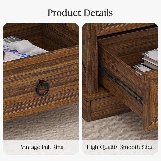 Coffee Table with Storage, 47.2 in Rustic Wooden Center Table with 4 Drawers for Living Room, Easy Assembly Rectangle Home Office Farmhouse Tea Accent Table for Apartment, Walnut