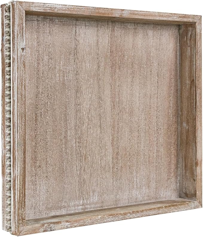 Wooden Decorative Tray, Small Serving Tray with Wood Bead, Farmhouse Big Tray for Ottoman, Countertop, Coffee Tabl, 13" x 13"x 1.6" (White Washed)