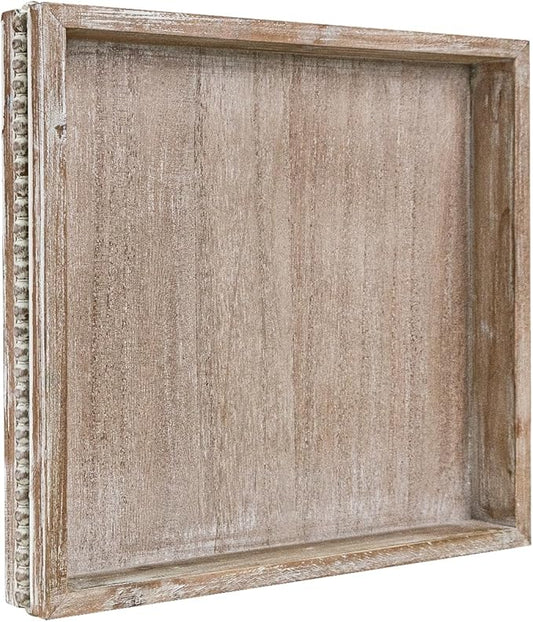 Wooden Decorative Tray, Small Serving Tray with Wood Bead, Farmhouse Big Tray for Ottoman, Countertop, Coffee Tabl, 13" x 13"x 1.6" (White Washed)