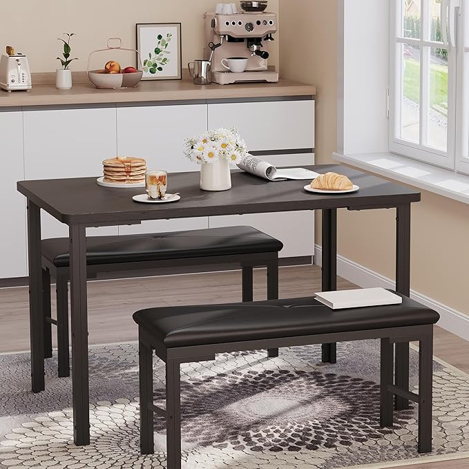 Garvee Dining Table Set for 4, 3-Piece Kitchen Table with 2 Upholstered Benches, Space-Saving Dining Room Set for Breakfast Nook and Small Spaces, Black