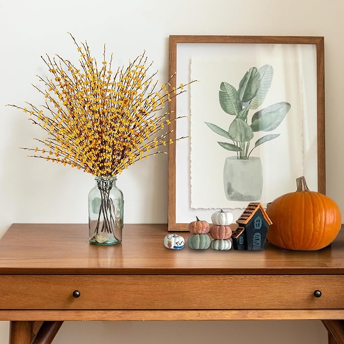 Sggvecsy 10 Pcs 29.5’’ Long Artificial Jasmine Flowers Tall Fake Flower Bouquet Faux Jasmine Plants Dry Branches for ThanksgivingAutumn Wedding Home Party Office Hotel Kitchen Decoration（Dark Yellow）