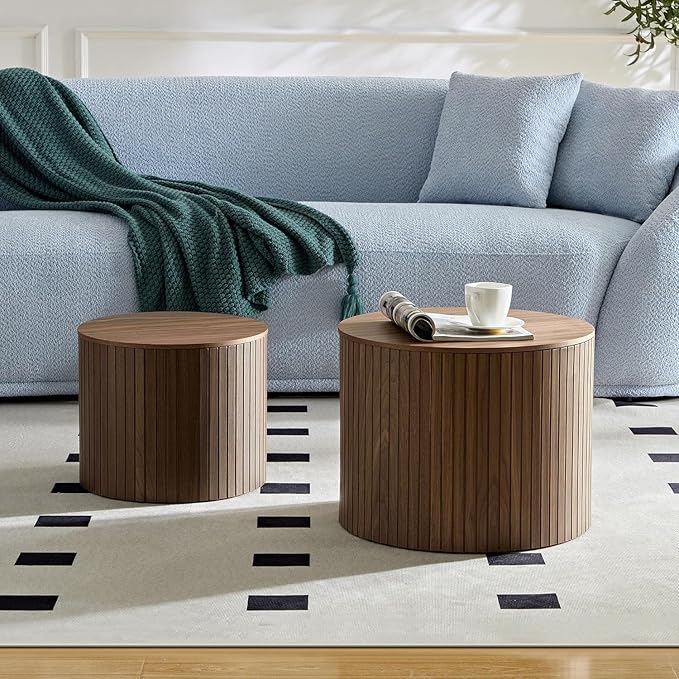 KEVINSPACE Small Coffee Table Nesting End Table Set of 2, Round Coffee Table with Storage Function Wood Side Table Circle Accent Tables for Small Spaces Living Room Bedroom Balcony Office Walnut