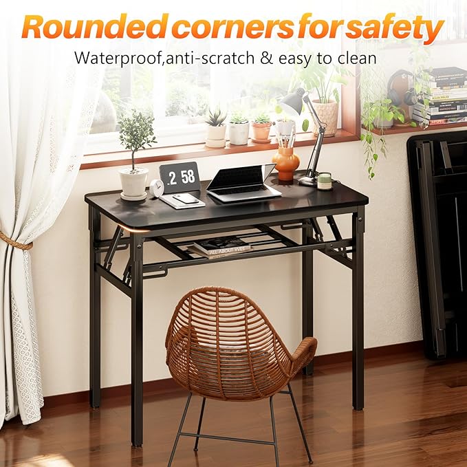 BYMECOST 31.5" Folding Desk, No Assembly Computer Desk, Small Foldable Table with Storage Shelf, Study Table for Small Space, Writing Desk Compact Desk for Home Office (Black, 31.5")