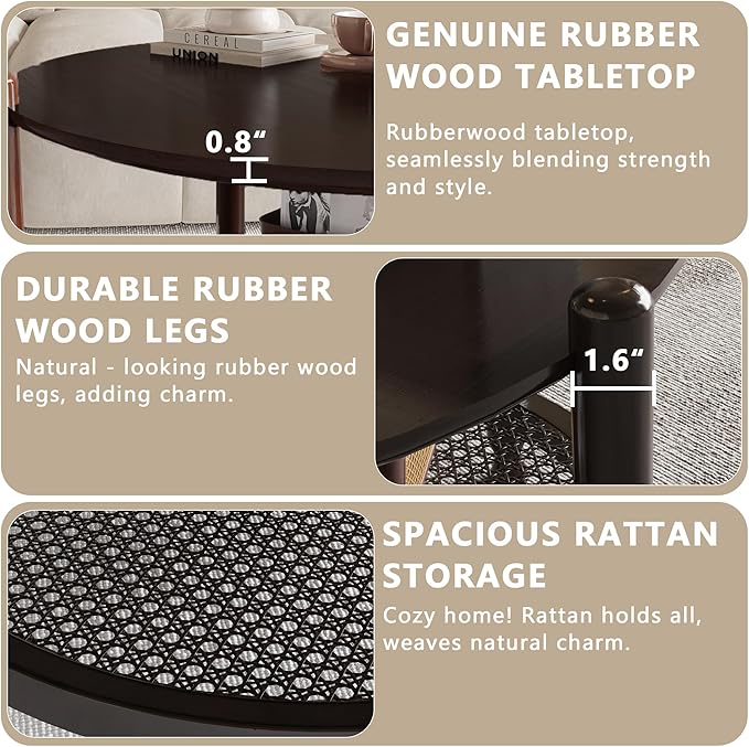 NSdirect Round End Table for Living Room, 2-Tier Rustic Wood Center Table for Home Decor with Boho Woven Rattan Storage Shelf | Modern Farmhouse Design, Easy Assembly, Black Brown