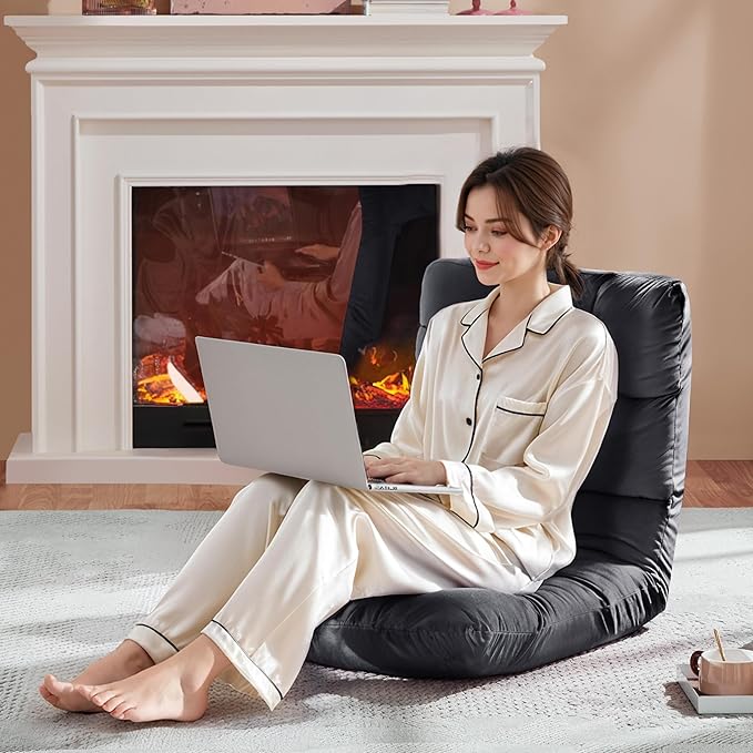 Yaheetech Floor Folding Chair with Back Support, Padded Folding Gaming Sofa Chair with 14 Adjustable Backrest, Adults Couch Recliner, Floor Seating Lounge Chair, Armless Meditation Chair, Gray