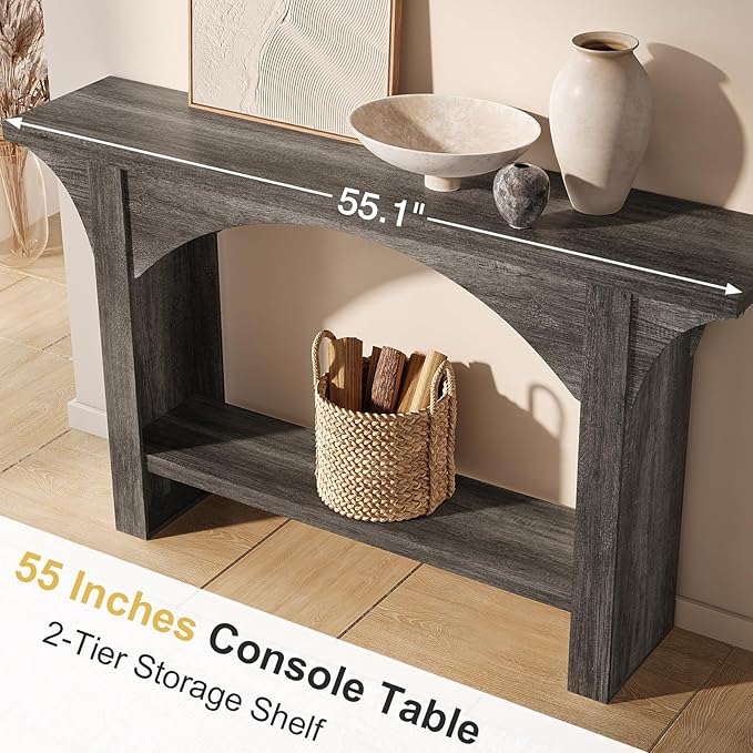 55 Inches Console Table,2 Tier Farmhouse Entryway Table,Narrow Wood Accent Tables with Storage Shelves for Living Room,Entrance,Hallway,Foyer (Gray)