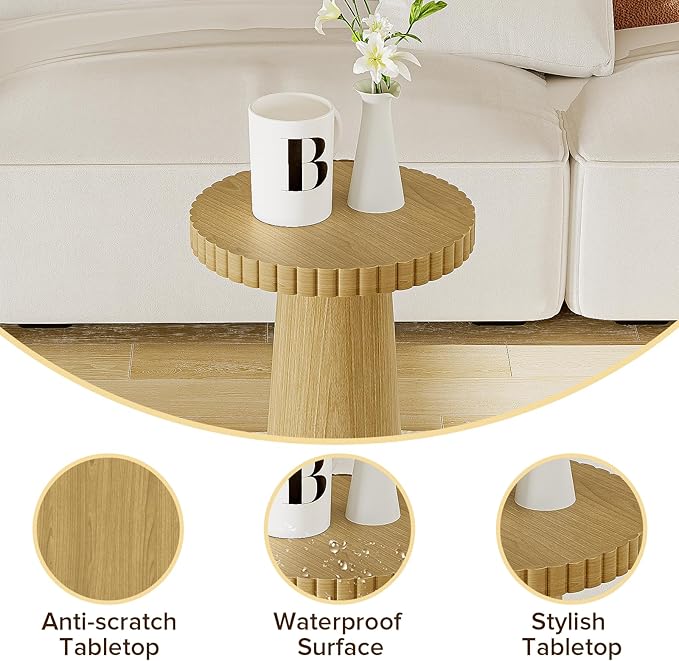 Small Side Table, Wood End Table with Fluted Pedestal Base, Round Drink Table for Small Spaces, Modern Accent Table for Living Room, Bedroom or Sofa Side (1, Oak)
