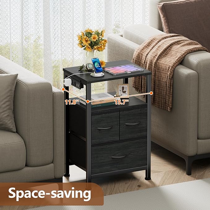 Furnulem Black Nightstand with Wood Shelf, Bed Side Table with Led Light and Charging Station, 25.8 Inch End Table with 3 Fabric Storage Drawers, Small Night Stand for Bedroom Furniture