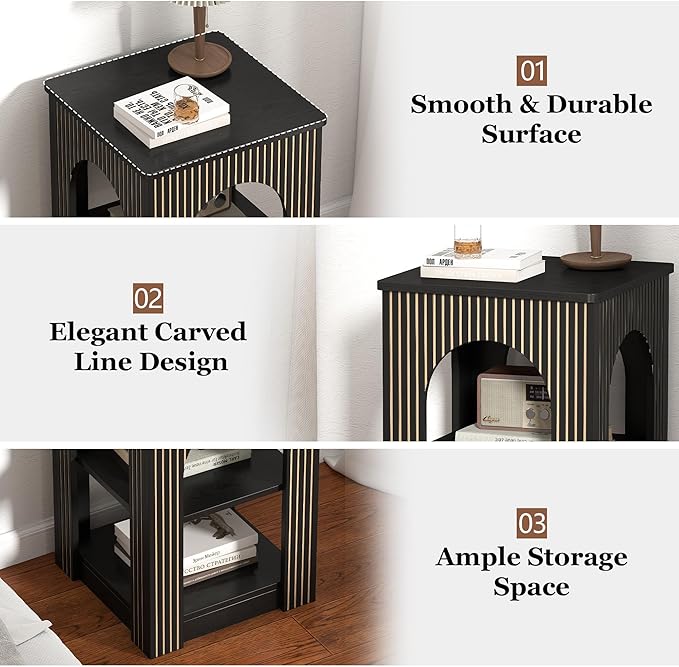 End Table Set of 2, Mid-Century Modern Side Table with 3-Tier Storage Shelves and Arched Carving Lines, Square Fluted Nightstand for Living Room, Bedroom, or Office (2, Black)