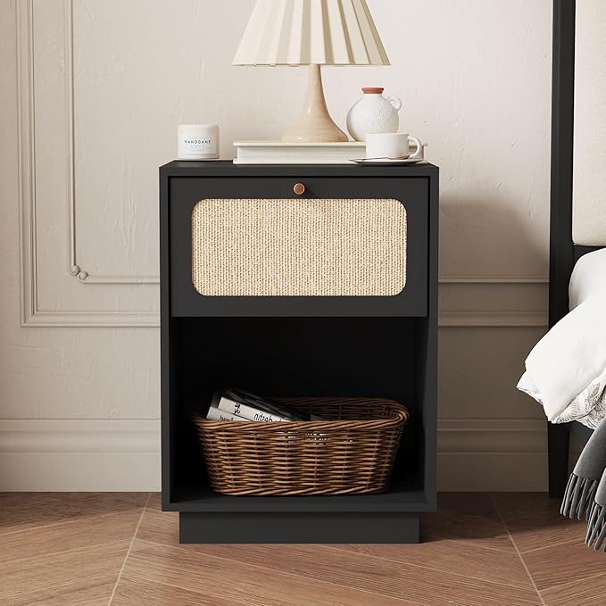 16" Nightstands Set of 2, Modern Retro Wooden Night Stands, Bed Side Table with Drawer and Open Shelf, End Table for Small Space, Linen Decor Boho Side Table for Bedroom,Dorm, Living Room (Black)