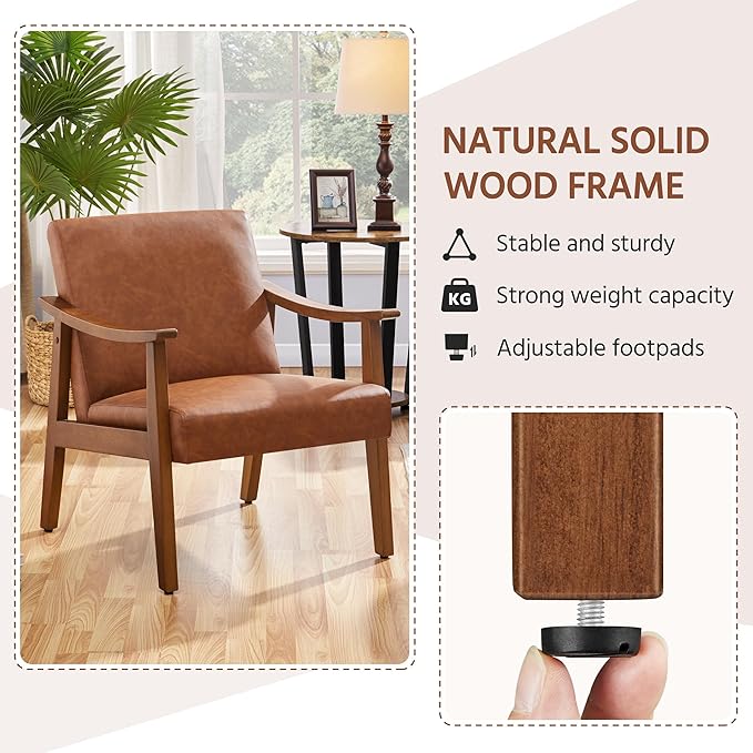 Yaheetech PU Leather Accent Chair, Mid-Century Modern Armchair with Solid Wood Legs, Reading Leisure Chair with High Back for Living Room Bedroom Waiting Room, Light Brown