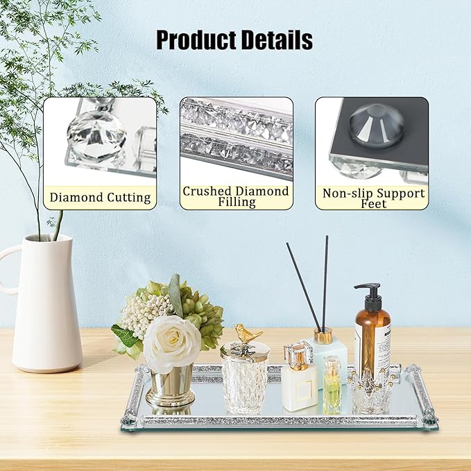 Silver Glass Vanity Tray,Perfume Tray,Mirror Trays for Bedroom Dresser,Decorative Tray for Home Decor Christmas Brithday Gift(Silver Crushed Diamond)