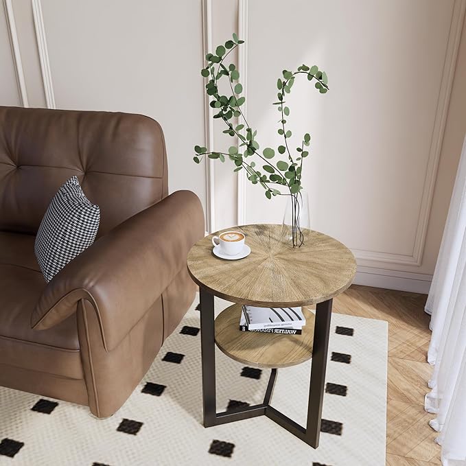 LEEMTORIG Round Side Table, 2-Tier High End Table Nightstand with Metal Legs, Modern Bedside Couch Table for Living Room, Bedroom, Office, Rustic Natural/Black, 19.3 x 19.3 x 24 inches BZ-1338