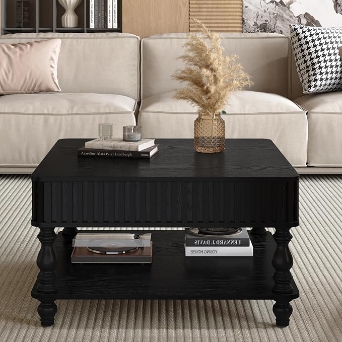 31.5" Lift Top Fluted Coffee Table with Hidden & Open Storage, Modern Square Wooden Center Table Cocktail Tea Table with Curved Safety Corners and Adjustable Height for Living Room, Black