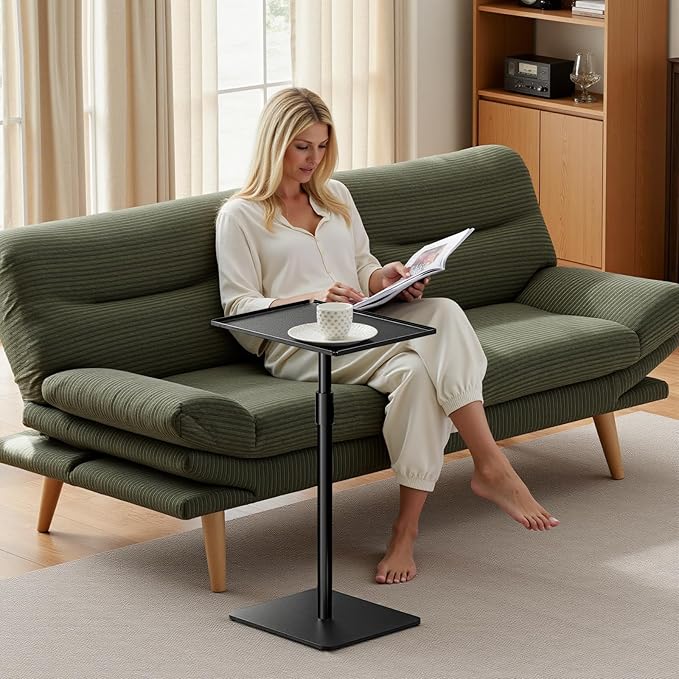Height Adjustable C Shaped End Table,Metal Sofa Side Table,Small TV Tray Table for Small Spaces with Matte Black Tray,Bed Table Drink Coffee Tables for Bedroom,Black