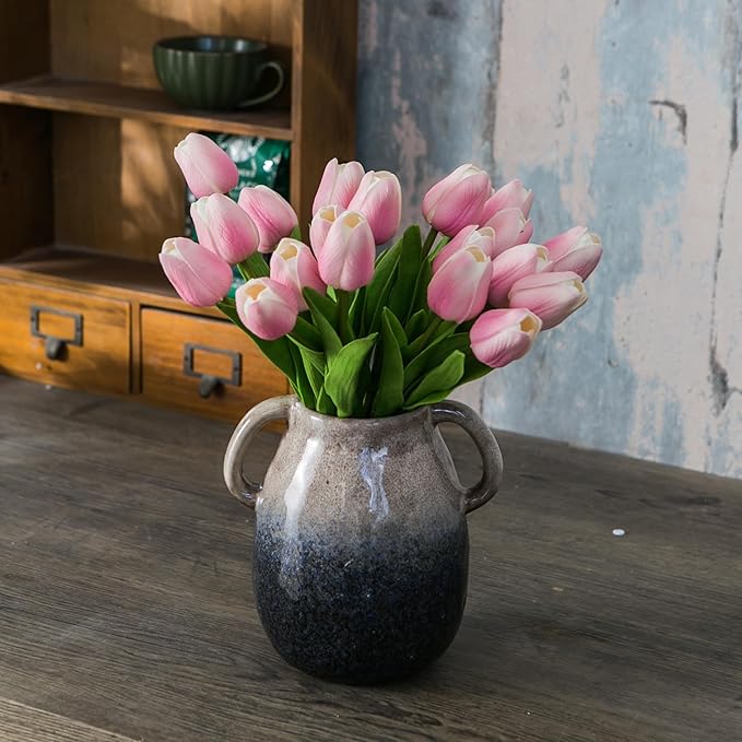 Brown Gradient Ceramic Vase with 2 Handles, Modern Farmhouse Decor, Rustic Terracotta Pottery, Decorative Flower Vases, Clay Small Vase, Centerpiece for Dining Table - 7 Inch Tall