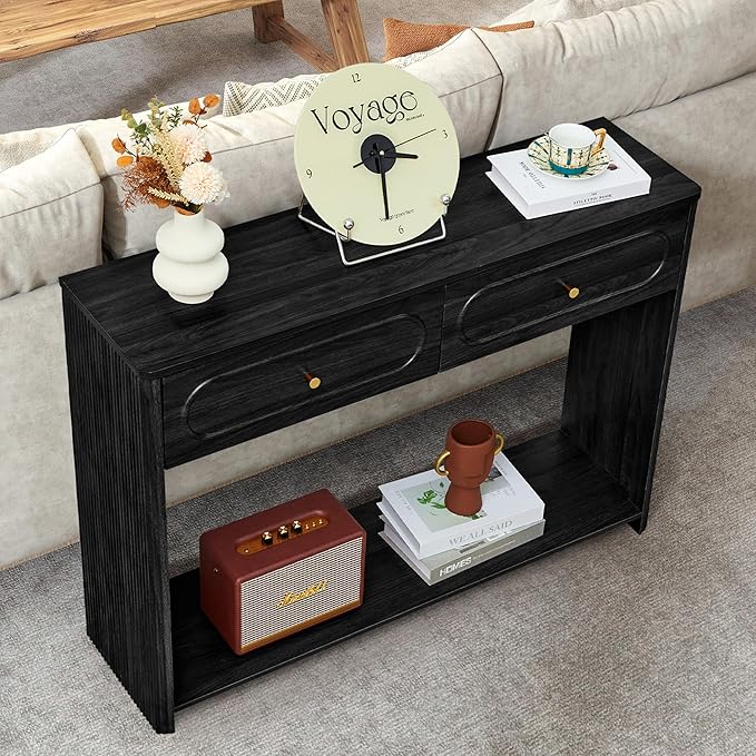Fluted Console Table with Drawers, Mid-Century Narrow Entryway Table with Open Storage Shelves, Hallway Accent Tables Behind Couch Tables for Living Room (Black)