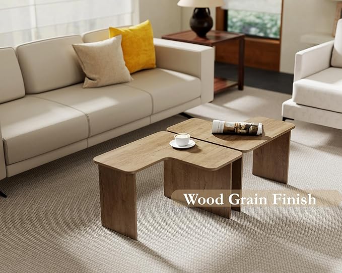 VESCASA Modern L Shaped Nesting Coffee Table Set of 2 Modular Rectangle Walnut Wood Table for Living Room