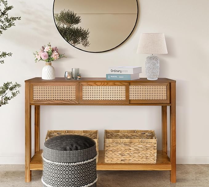 ZYBT Long Console Table, Rattan Entry Table, Console Tables for Entryway, Narrow Wood Console Table with Storage, Rustic Couch Table Hallway Table Brown Boho Sofa Table for Living Room