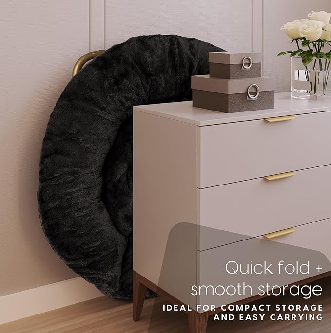 Milliard Saucer Chair For Adults, Teens & Kids, Black, Faux Fur XL Circle Chair for Bedroom, Dorm & Gaming, Foldable Comfy Accent Seat for Small Spaces, Folding Moon / Mushroom / Round Oversized Style