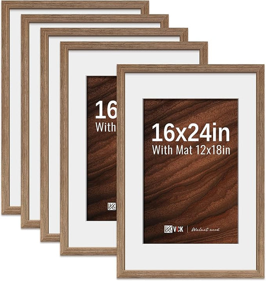 VCK 16x24 Poster Frame 5 Pack - Walnut, High-End Wood Picture Frames with Polished Plexiglass, Display 12x18 Photo with Mat or 16x24 without Mat, Art Gallery-Quality, Wall Hanging, Walnut