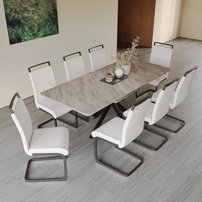 Marble Dining Table for 4-8, 62.4''-78.15'' Extendable Dining Table, Modern Kitchen Table, Space Saving Rectangular Table for Office and Dining Room (Grey)